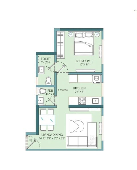 Floor plan of 1 BHK 430 Sq. Ft. Apartment in Duratech Vikas Rise, Mumbai