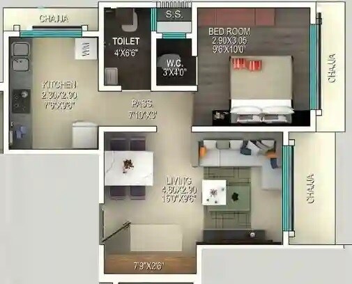 Floor plan of 1 BHK 413 Sq. Ft. Apartment in Dvasuyash Suyash, Mumbai