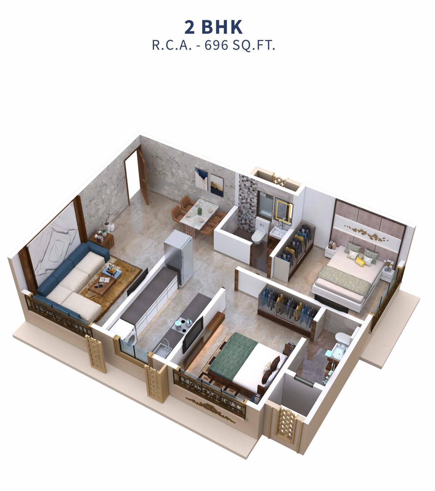 Floor plan of 2 BHK 696 Sq. Ft. Apartment in DVNM Parimal Heritage, Mumbai