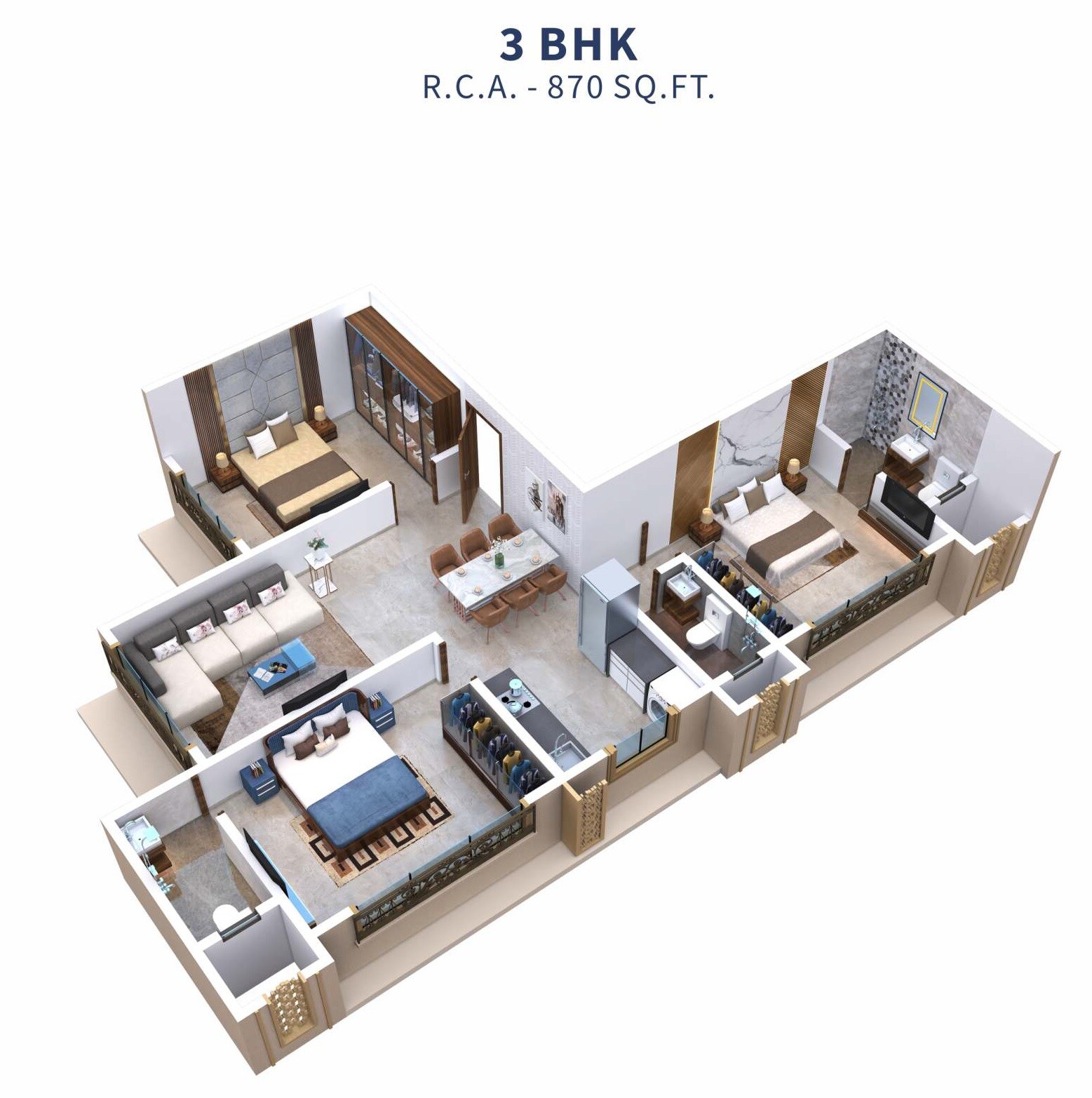Floor plan of 3 BHK 870 Sq. Ft. Apartment in DVNM Parimal Heritage, Mumbai