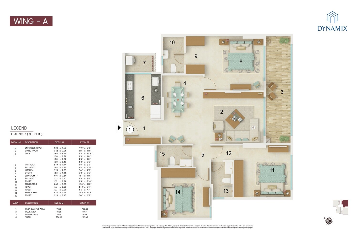 Floor plan of 3 BHK 983 Sq. Ft. Apartment in Dynamix Luma, Mumbai