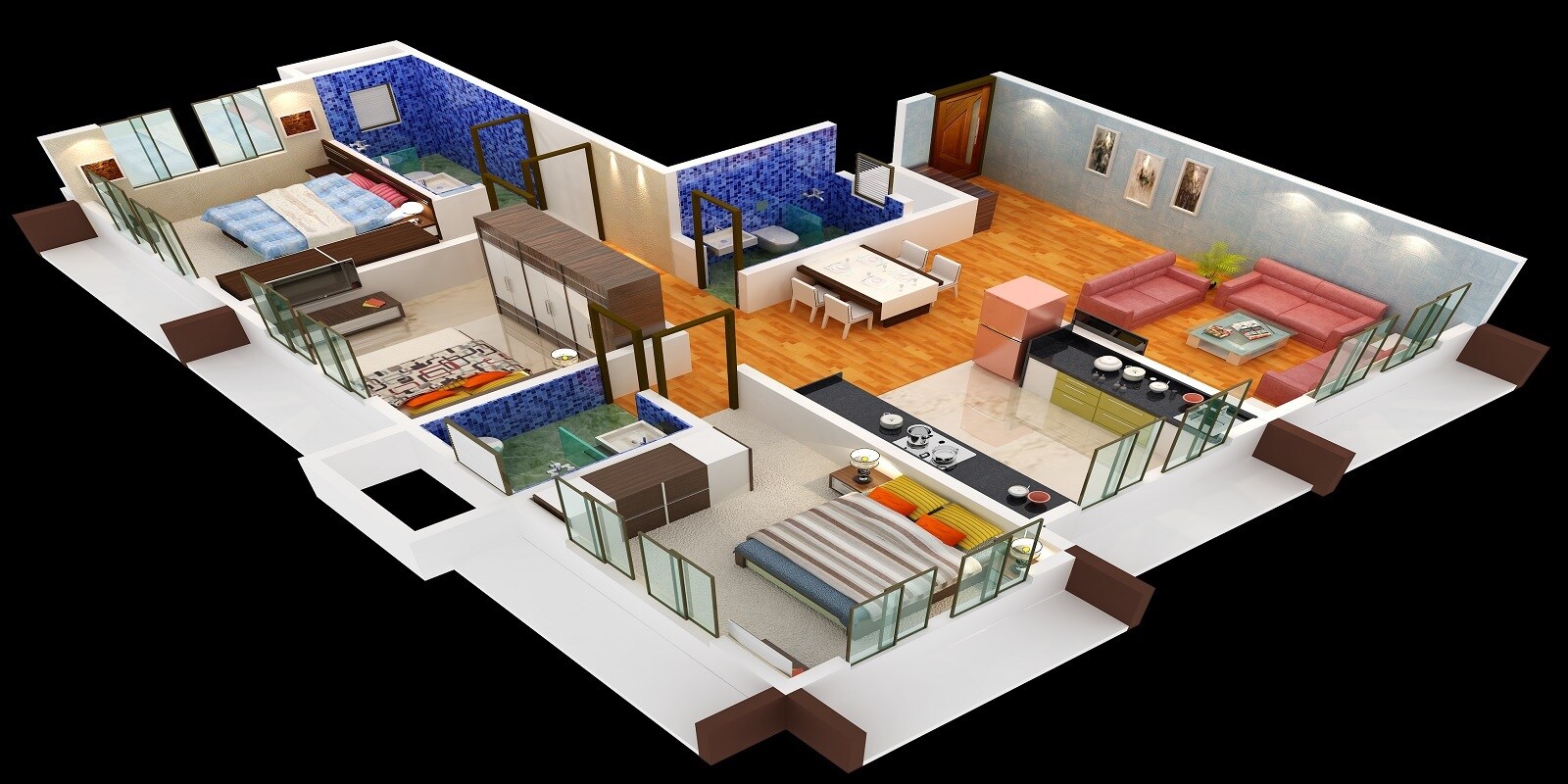 Floor plan of 3 BHK 1016 Sq. Ft. Apartment in Earth Baug, Mumbai
