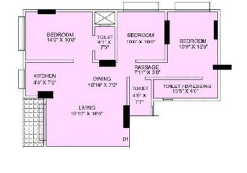 Floor plan of 3 BHK 694 Sq. Ft. Apartment in Earth Darshan, Mumbai