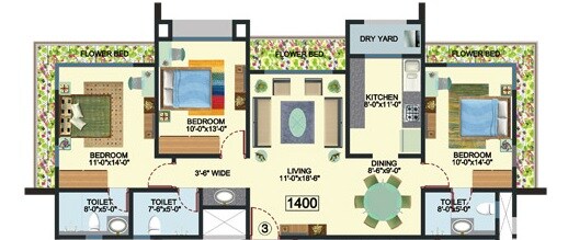 Floor plan of 3 BHK 1400 Sq. Ft. Apartment in ECO Tower, Mumbai