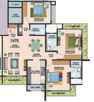 Floor plan of 3 BHK 1475 Sq. Ft. Apartment in ECO Tower, Mumbai