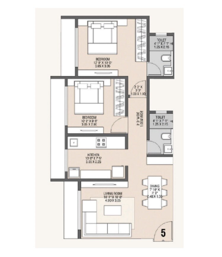 Floor plan of 2 BHK 610 Sq. Ft. Apartment in Ecohomes La Grace, Mumbai