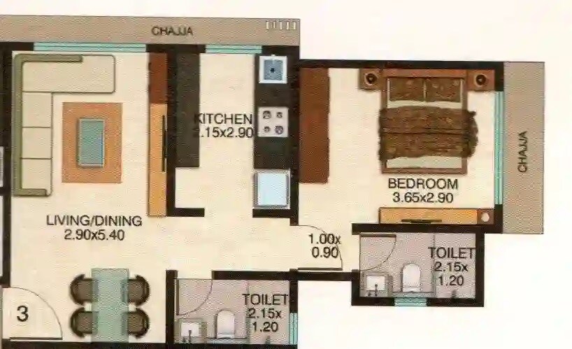 Floor plan of 1 BHK 435 Sq. Ft. Apartment in Ecohomes Nai Roshni, Mumbai