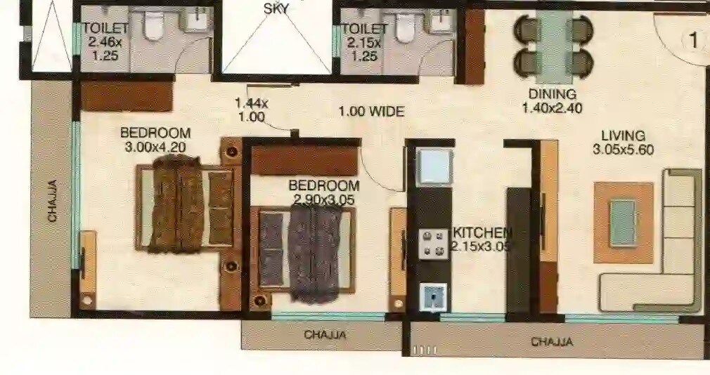 Floor plan of 2 BHK 633 Sq. Ft. Apartment in Ecohomes Nai Roshni, Mumbai