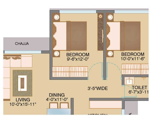 Floor plan of 2 BHK Apartment - 631 sq. ft. in Ecohomes Winds, Mumbai