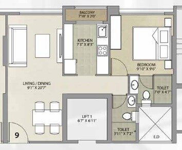 Floor plan of 1 BHK 447 Sq. Ft. Apartment in Ekdanta 24 Karat, Mumbai