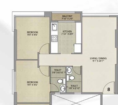Floor plan of 2 BHK 598 Sq. Ft. Apartment in Ekdanta 24 Karat, Mumbai