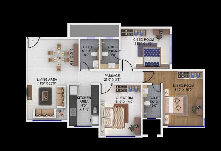 Floor plan of 3 BHK 1214 Sq. Ft. Apartment in Ekta Corner View, Mumbai