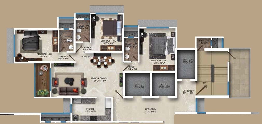 Floor plan of 3 BHK 1225 Sq. Ft. Apartment in Ekta Evaana, Mumbai