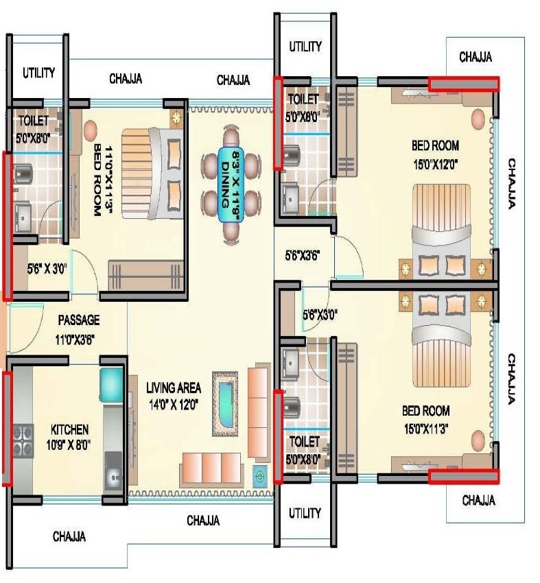 Floor plan of 3 BHK 910 Sq. Ft. Apartment in Ekta Iris, Mumbai