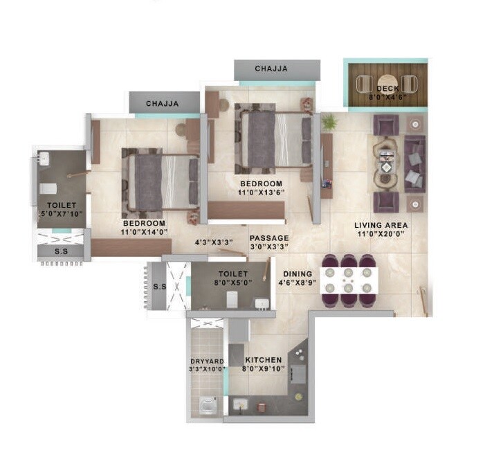 2 BHK 855 Sq. Ft. Apartment