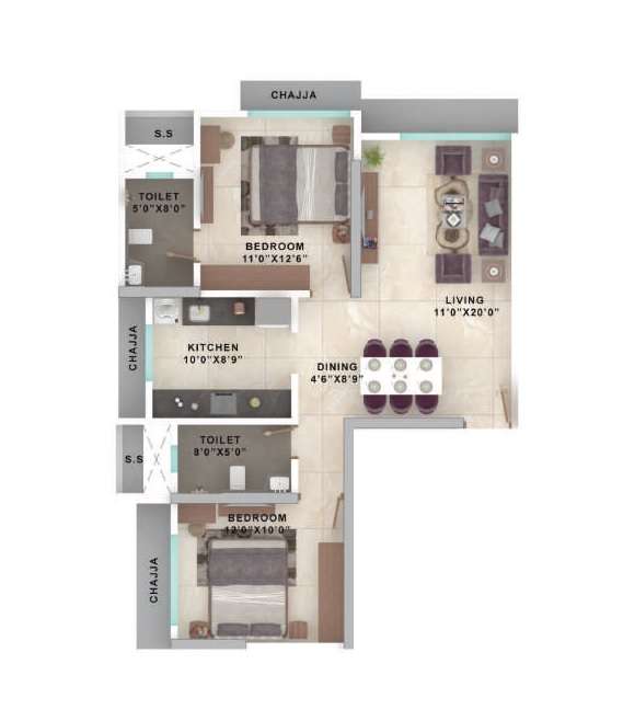 2 BHK 631 Sq. Ft. Apartment in Ekta Lake Riviera Wing A And B