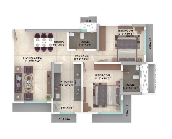 Floor plan of 2 BHK 786 Sq. Ft. Apartment in Ekta Lake Riviera Wing A And B, Mumbai