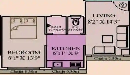 Floor plan of 1 BHK 390 Sq. Ft. Apartment in Ekta Manraj View, Mumbai