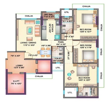 Floor plan of 3 BHK 1119 Sq. Ft. Apartment in Ekta Maplewood, Mumbai