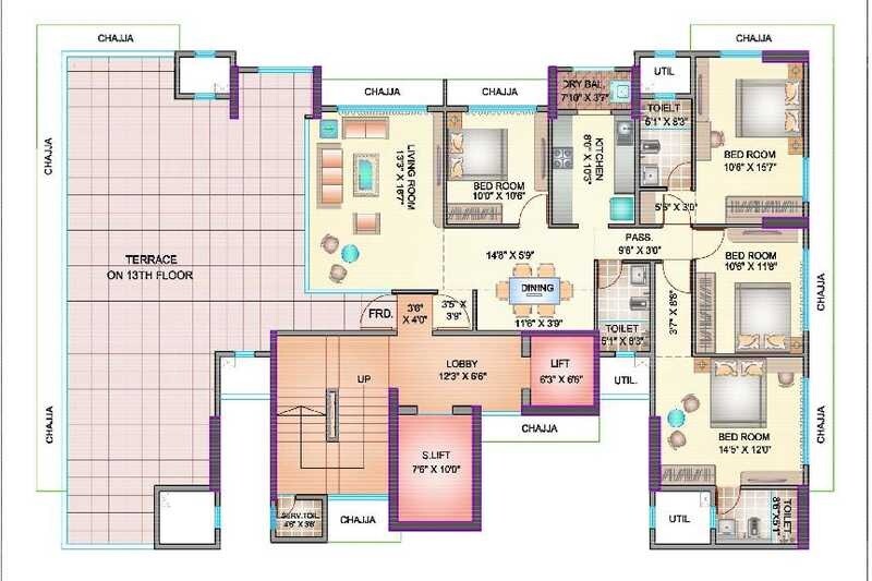 Floor plan of 4 BHK 1205 Sq. Ft. Apartment in Ekta Maplewood, Mumbai