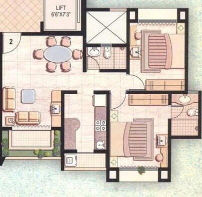 Floor plan of 2 BHK 940 Sq. Ft. Apartment in Ekta Meadows, Mumbai