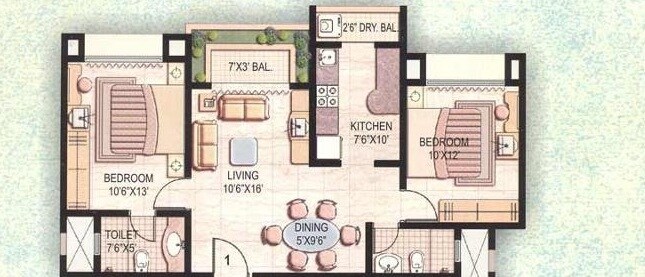 Floor plan of 2 BHK 980 Sq. Ft. Apartment in Ekta Meadows, Mumbai