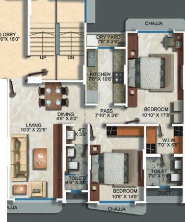 Floor plan of 2 BHK 702 Sq. Ft. Apartment in Ekta Trinity, Mumbai