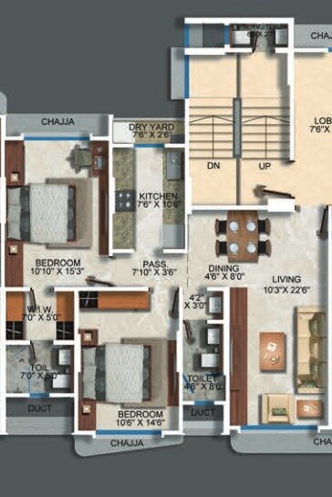 Floor plan of 2 BHK 907 Sq. Ft. Apartment in Ekta Trinity, Mumbai