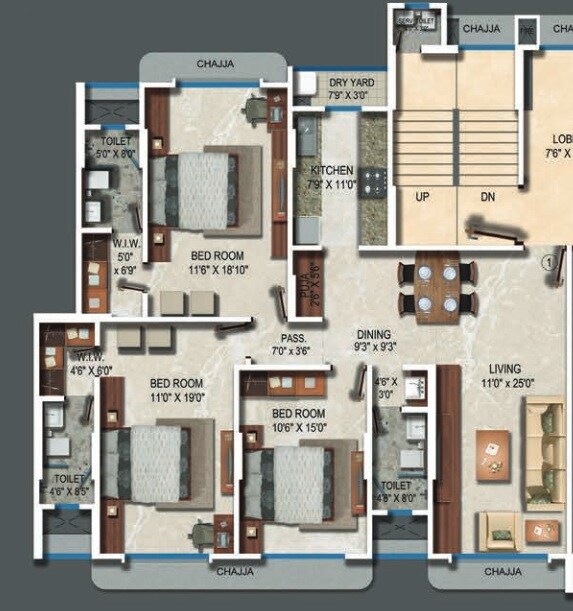 Floor plan of 3 BHK 1333 Sq. Ft. Apartment in Ekta Trinity, Mumbai