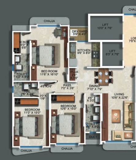 Floor plan of 3 BHK 1063 Sq. Ft. Apartment in Ekta Trinity, Mumbai