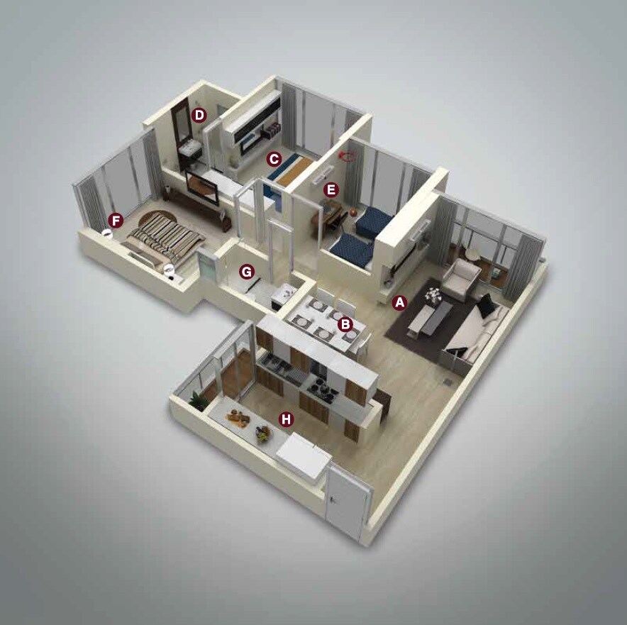 Floor plan of 3 BHK 908 Sq. Ft. Apartment in Ekta Tripolis, Mumbai