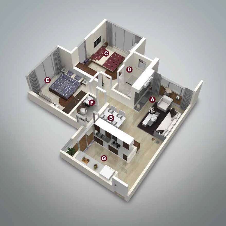 Floor plan of 2 BHK Apartment - 755 sq. ft. in Ekta Tripolis Phase 2, Mumbai