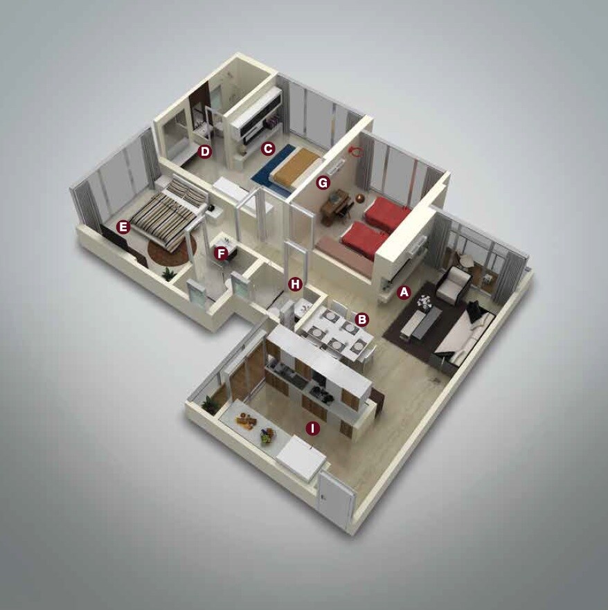 Floor plan of 3 BHK Apartment - 1084 sq. ft. in Ekta Tripolis Phase 2, Mumbai