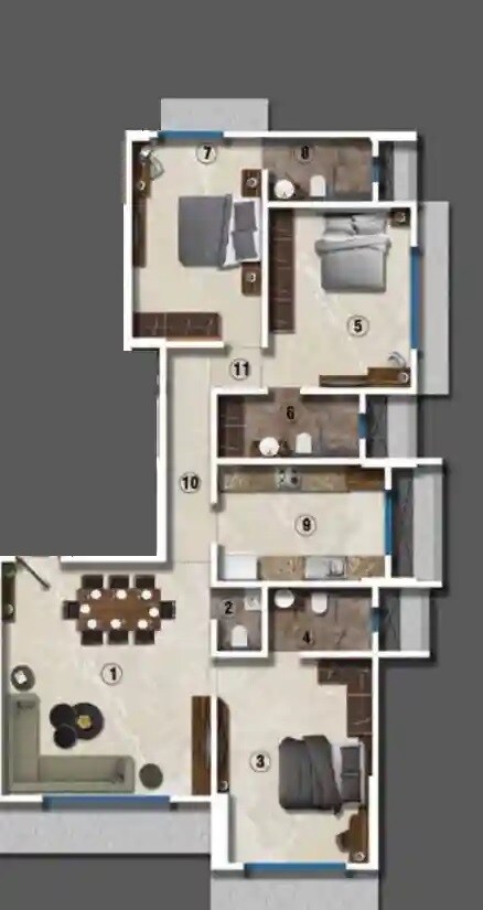 Floor plan of 3 BHK 1159 Sq. Ft. Apartment in Ekta Verve, Mumbai