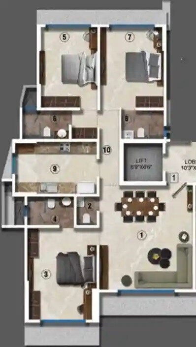 Floor plan of 3 BHK 862 Sq. Ft. Apartment in Ekta Verve, Mumbai