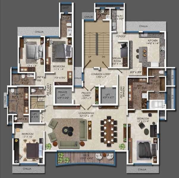 Floor plan of 4 BHK 1729 Sq. Ft. Apartment in Ekta Verve, Mumbai
