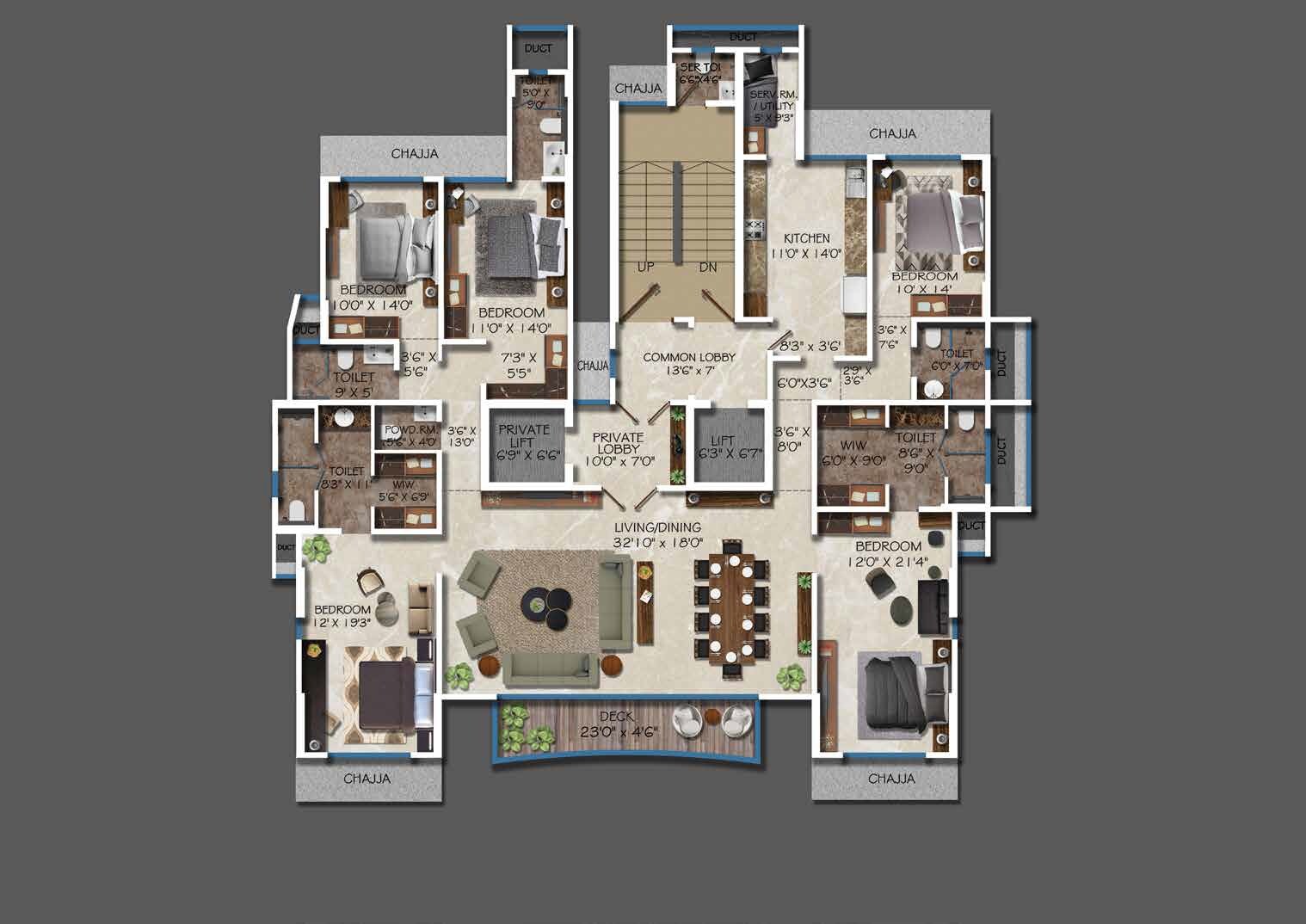 Floor plan of 5 BHK 2041 Sq. Ft. Apartment in Ekta Verve, Mumbai