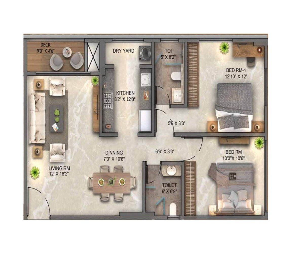 Floor plan of 2 BHK 890 Sq. Ft. Apartment in Ekta Victoria, Mumbai