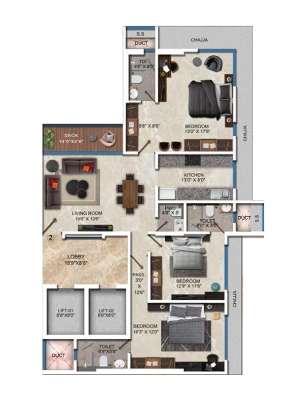 Floor plan of 3 BHK 1283 Sq. Ft. Apartment in Ekta Vistabella, Mumbai