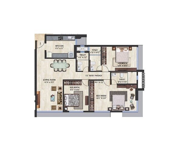 3 BHK 813 Sq. Ft. Apartment