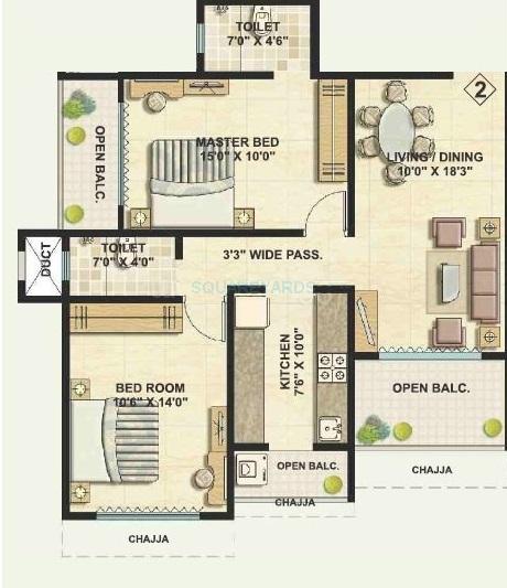 Floor plan of 2 BHK 1027 Sq. Ft. Apartment in Ekta World Bhoomi, Mumbai