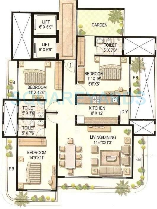 Floor plan of 3 BHK 1953 Sq. Ft. Apartment in Ekta World Elite, Mumbai