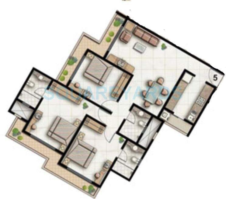 Floor plan of 3 BHK 1500 Sq. Ft. Apartment in Ekta World Lake Primrose, Mumbai