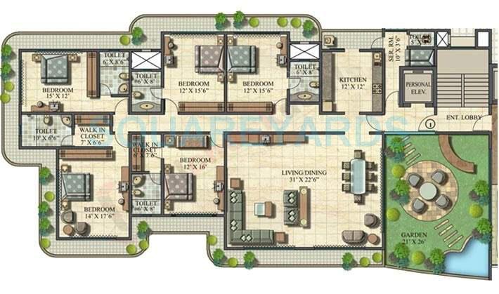 Floor plan of 5 BHK 4500 Sq. Ft. Apartment in Ekta World Lake Superior, Mumbai