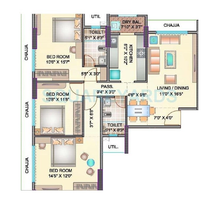 Floor plan of 3 BHK 1119 Sq. Ft. Apartment in Ekta World Maplewood, Mumbai