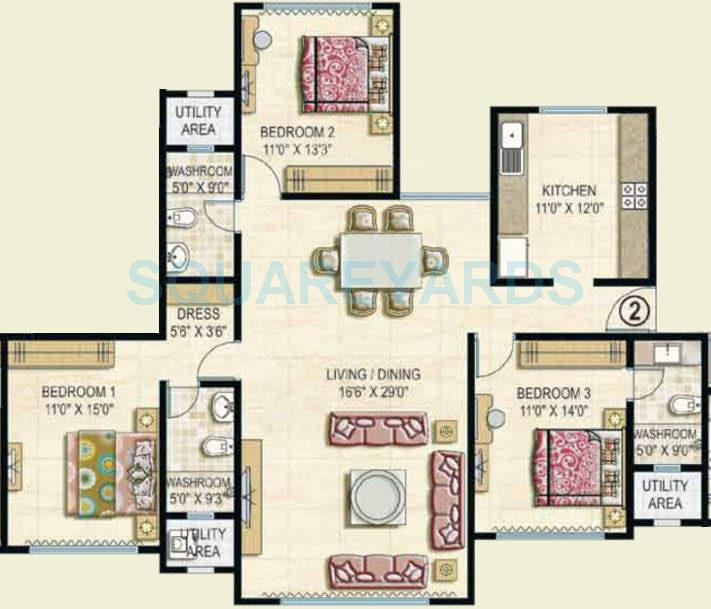 Floor plan of 3 BHK 1344 Sq. Ft. Apartment in Ekta World Panorama, Mumbai