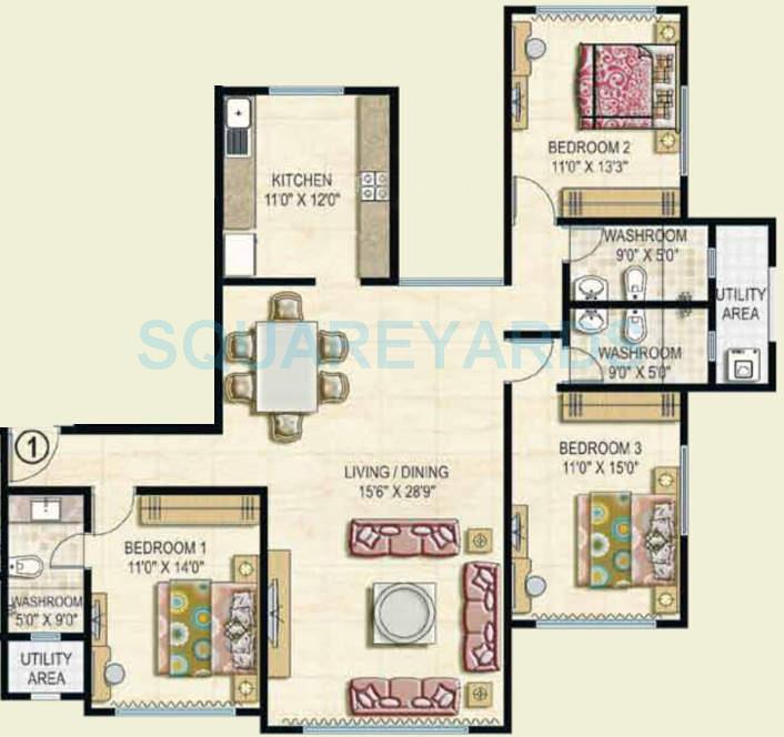 Floor plan of 3 BHK 1812 Sq. Ft. Apartment in Ekta World Panorama, Mumbai