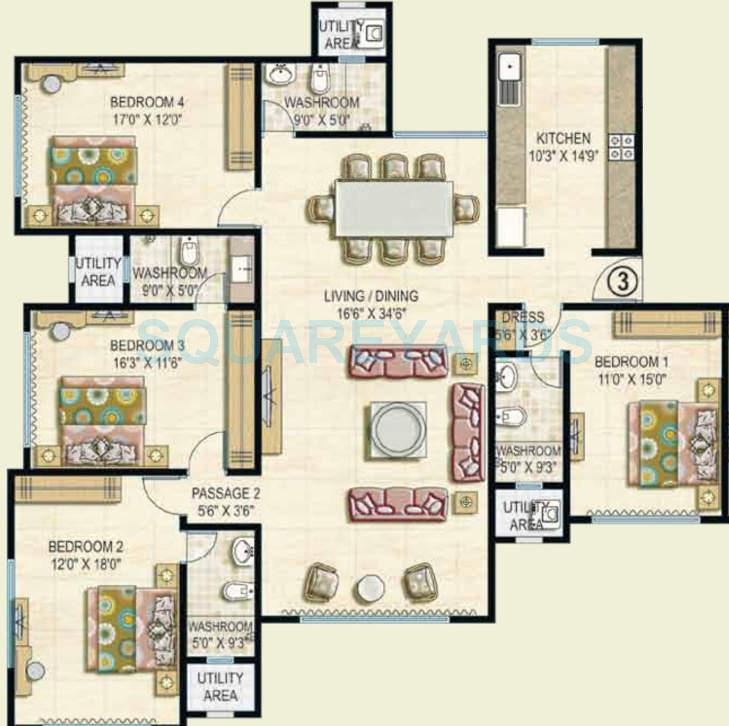 Floor plan of 4 BHK 2556 Sq. Ft. Apartment in Ekta World Panorama, Mumbai