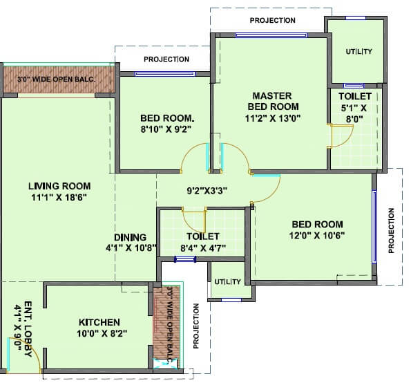 Floor plan of 3 BHK 1415 Sq. Ft. Apartment in Ekta World Skypolis, Mumbai