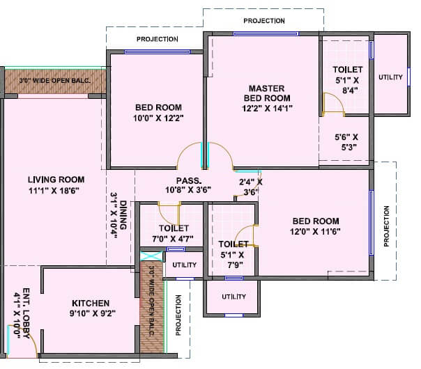 Floor plan of 3 BHK 1680 Sq. Ft. Apartment in Ekta World Skypolis, Mumbai